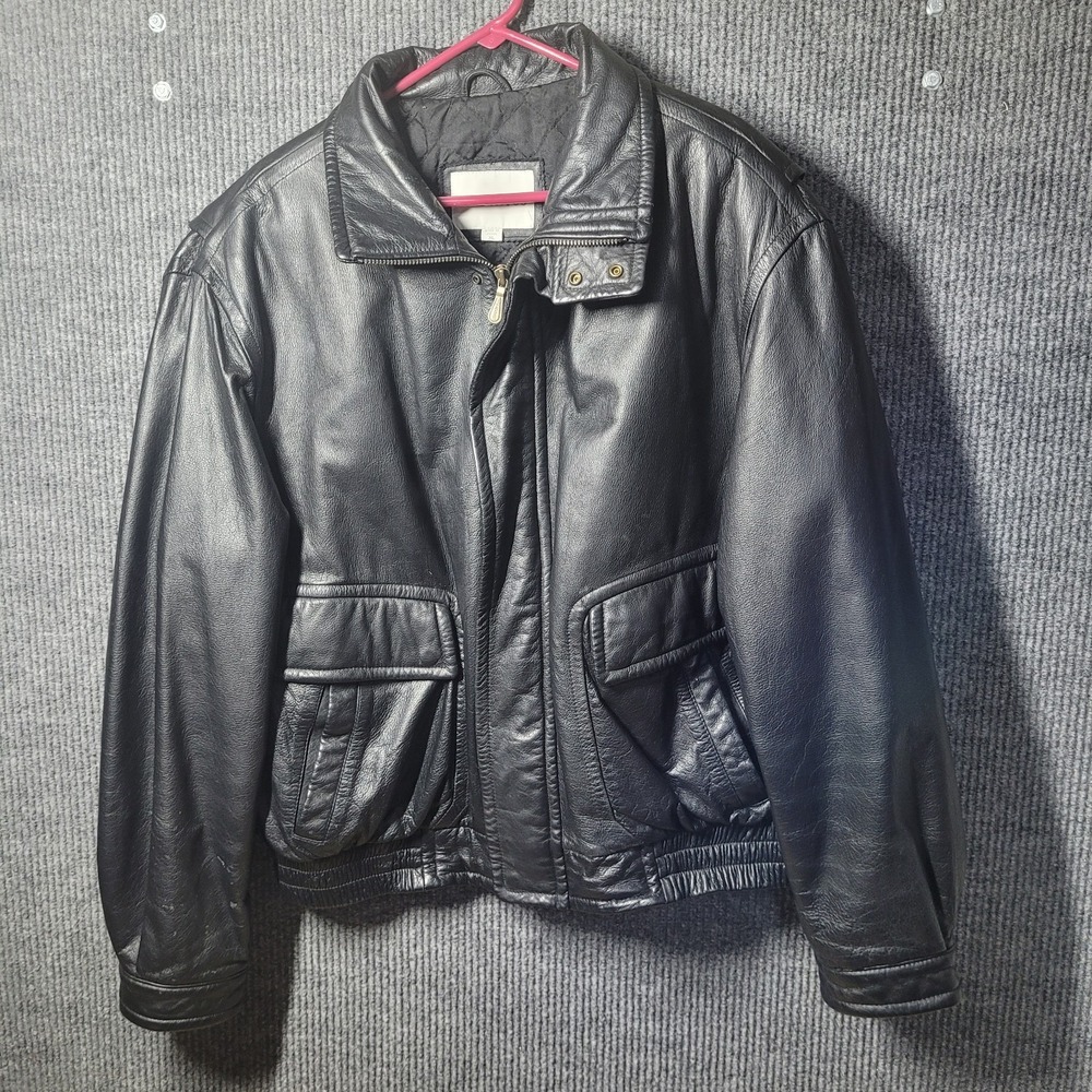 London Fog Leather Bomber Jacket With Front Pockets Mens Sz‎ XL Full Zip Quilted